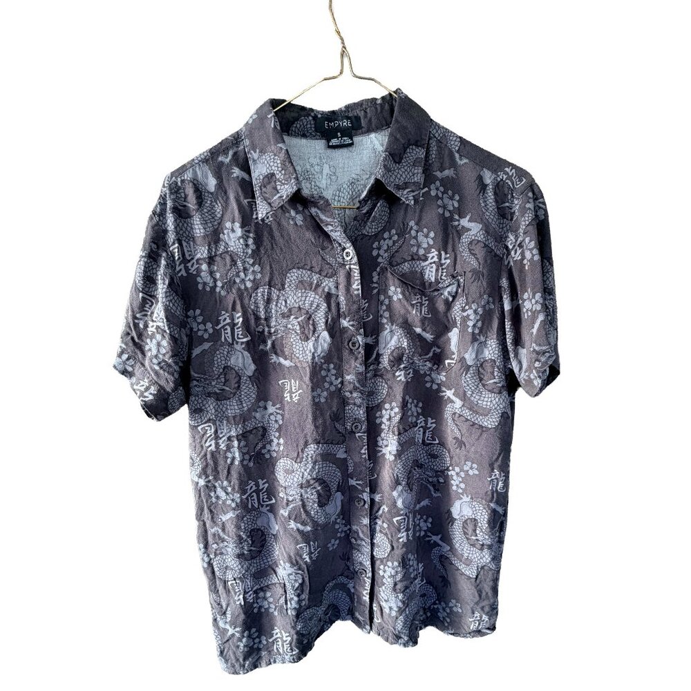 Empyre Dragon Print Button Up Shirt Chinese Characters Gray Black Rayon Size Sm